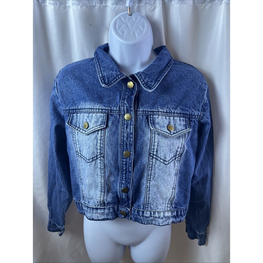 Vintage Step In Women’s Crop Denim Jacket Size L Medium Wash Acid Faded